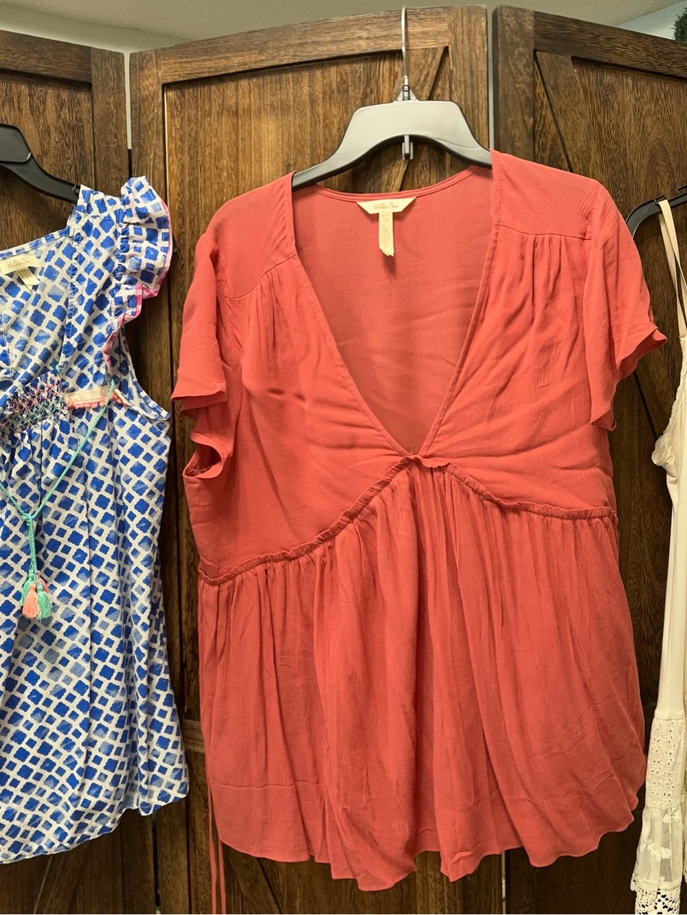 Matilda Jane Coral Red V-Neck Flutter and Wandering Waters top.